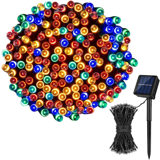 RKSTN Fall Decorations for Home Solar String Lights Outdoor, 72ft with 200 multicoloured LED lights powered by a solar panel. Features 8 lighting modes including combination, fireflies flash, and waves. Waterproof and solar-powered, suitable for gardens, patios, parties, weddings, and Christmas decorations.