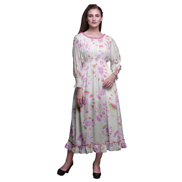 Bimba Robe de Plage Longue Maxi d'Été Boho Gitane Imprimée Teinture sur Nœuds pour Femmes à Smocks - XX-Grand