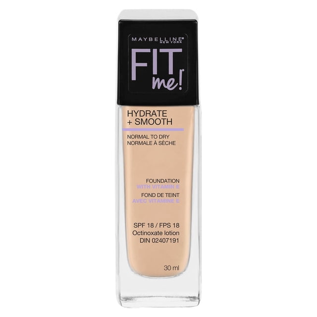 Maybelline New York Fit Me® Fond de Teint Liquide Hydratant + Lissant 30 ml dans une Bouteille en Verre Rectangulaire Transparente avec un Bouchon Noir, Formulé pour Peau Normale à Sèche, Enrichi de Vitamine E et de FPS 18 pour Hydrater et Lisser la texture de la Peau, Laissant une Finition Naturellement Lumineuse.
