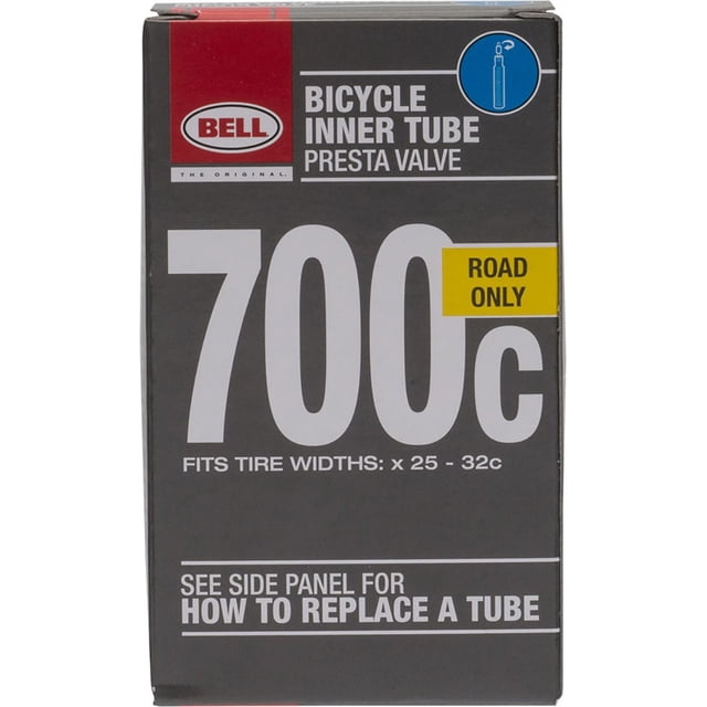 Bell Sports Standard Inner Tube 700c x 25mm - 32mm packaging for road bikes with Presta valve, fits tire widths 25 to 32 millimeters, includes side panel instructions for tube replacement, suitable for road and hybrid bike tires.