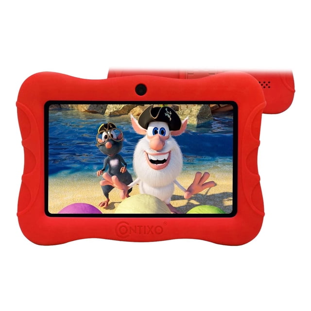 Contixo Kids Tablet with over $150 value of pre-installed educational apps, featuring a 7-inch shatter-safe HD touch screen, red protective bumper case, dual cameras, and parental control features. The screen displays a colourful animated pirate-themed scene.