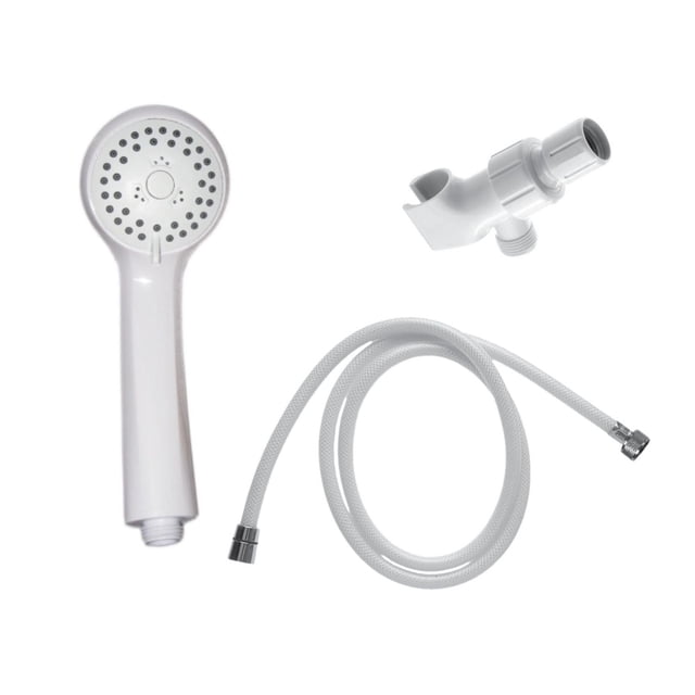 The akuaplus® - Kit 3 settings hand shower features a white handheld shower head with three spray settings, a flexible 59 in. PVC nylon hose with brass fittings, and a white hand shower holder, designed for easy lime deposit removal and bathroom renovation.