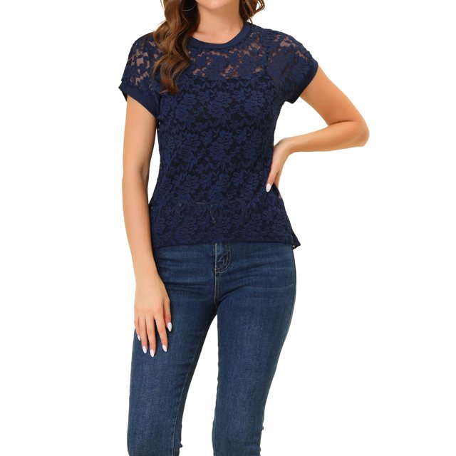 INSPIRE CHIC Haut en Dentelle Florale Transparent à Manches Courtes Décontracté pour Femme m Bleu Foncé