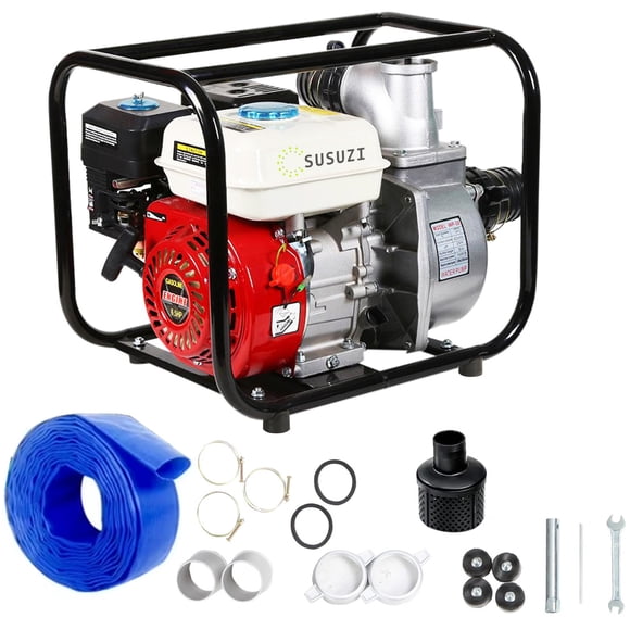 SUSUZI Gas Trash Pump 2 inch, 6.5HP 230 GPM, 4-Cycle Engine, Gasoline Powered Water Pump 148ft Total Head, Gasoline Engine Water Pump 22ft Suction, Water Transfer Pump with 25ft Hose