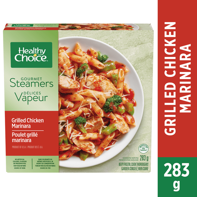 Healthy Choice Gourmet Steamers Marinara de Poulet Grillé Souper Surgelé avec Poulet Grillé, penne de Grains Entiers, Brocoli, Poivrons Rouges et Oignons dans une sauce Marinara sur une Assiette Blanche, 283 g. Convient à des options de Repas Surgelé Rapides et Équilibrées.