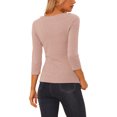 thumbnail image 3 of INSPIRE CHIC Women's Button Decor V Neck 3/4 Sleeve Solid Knitted Ruched Blouse Beige Pink M, 3 of 5