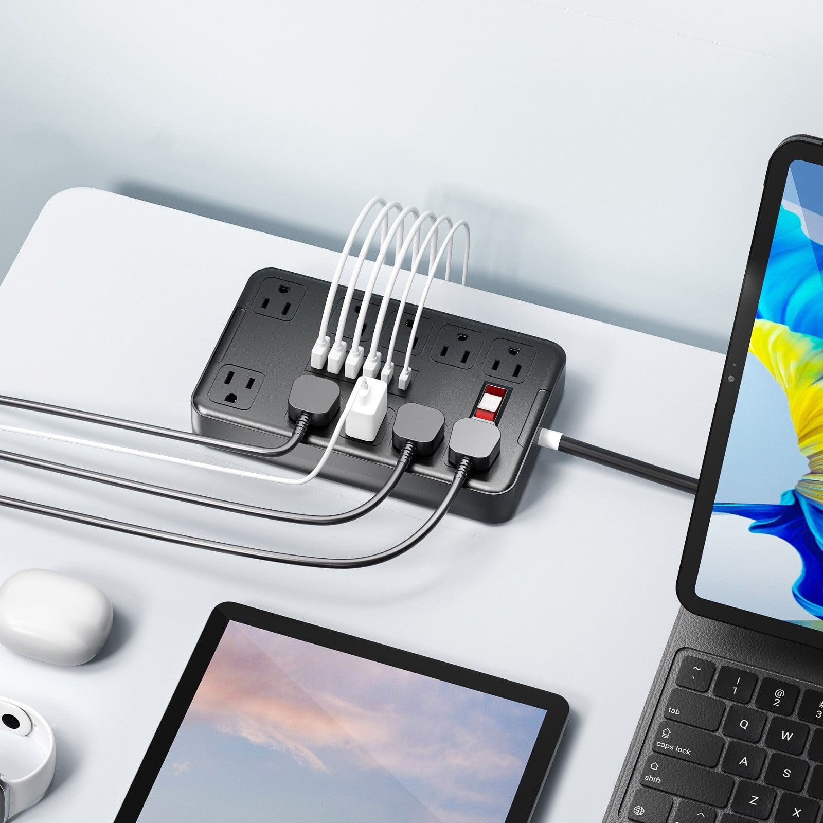 Power Strip with 10 Outlets 4 USB and 2 Type C Ports, Surge Protector Extension Cord 1.8m, Desktop Charging Station with Overload Protection, V-0 Flame Retardant ABS, 2500W Max for Home Office