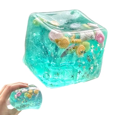 Ice Cube Cube Fidget Toys - Sensory Toys for Kids with Real Sea Shells, Squishy Fidget Toy for Kids & Adults | Non-Toxic Squeeze Ball for Anxiety, Focus & Calm for School, Office(Blue)