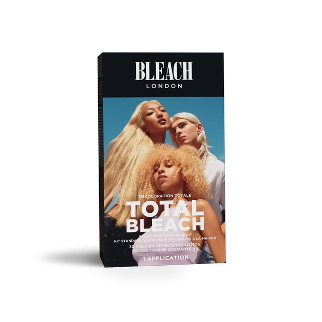 Bleach London Total Bleach Kit box featuring three models with light blonde hair against a clear blue sky, displaying the product name and 30 VOL developing lotion for hair lightening.