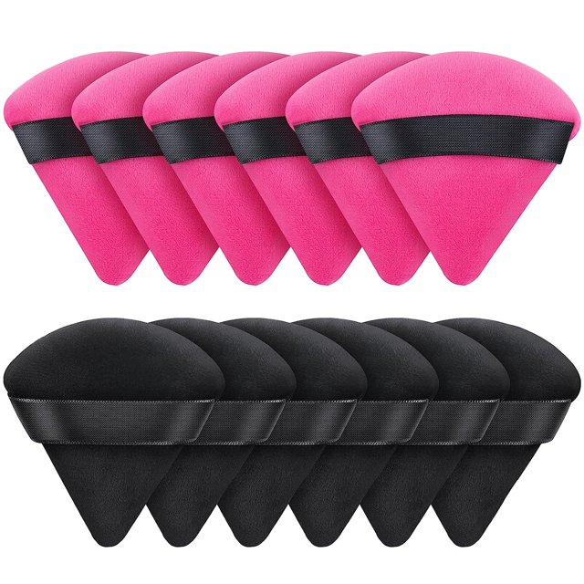 12 PCS Powder Puff Triangle Makeup Puffs for Loose Setting Powder Face Body, Foundation Blender Velour Setting Powder Puff, Super Soft Eye Makeup Wedges Beauty Tools (6 Black 6 Red)