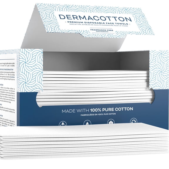 Dermacotton - 60 Serviettes en Coton Jetables - 100 % Biodégradables, Hypoallergènes pour le Nettoyage du Visage & le Démaquillage – Lingettes pour le Visage Ultra Douces, Peaux Sensibles