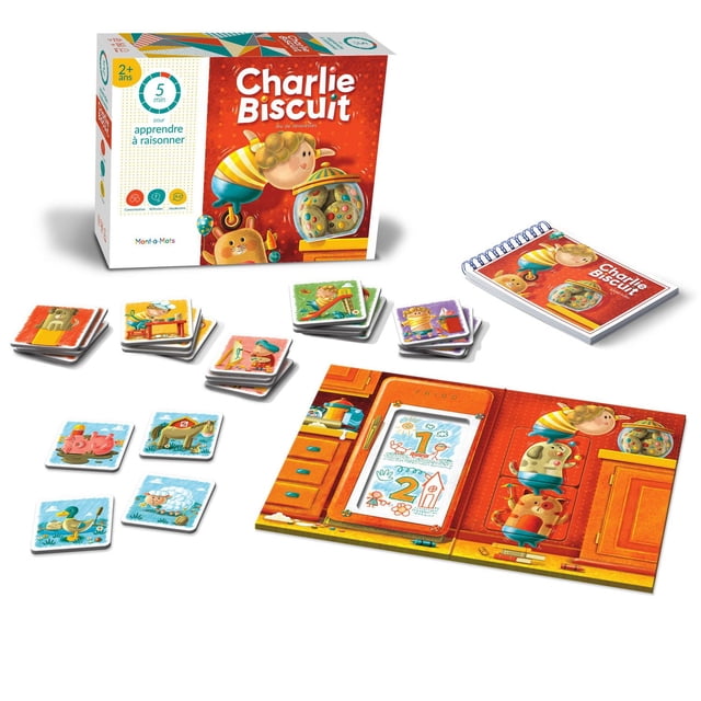 Mont-a-mots 5 minutes Charlie Biscuits par Ludik Québec Jeu de Société Classique avec des Cartes Colorées d'Animaux et de Personnages Illustrés, un Plateau de Jeu Pliable à Thème Cuisine avec des Indices Numérotés, un Livret d'Instructions à Spirale, et la Boîte de Jeu Mettant en Vedette un Enfant Attrapant un Pot à Biscuits, Conçu pour les Enfants de 2 Ans et Plus pour Développer la Déduction, l'Écoute et le Vocabulaire en Rondes Rapides de 5 minutes.