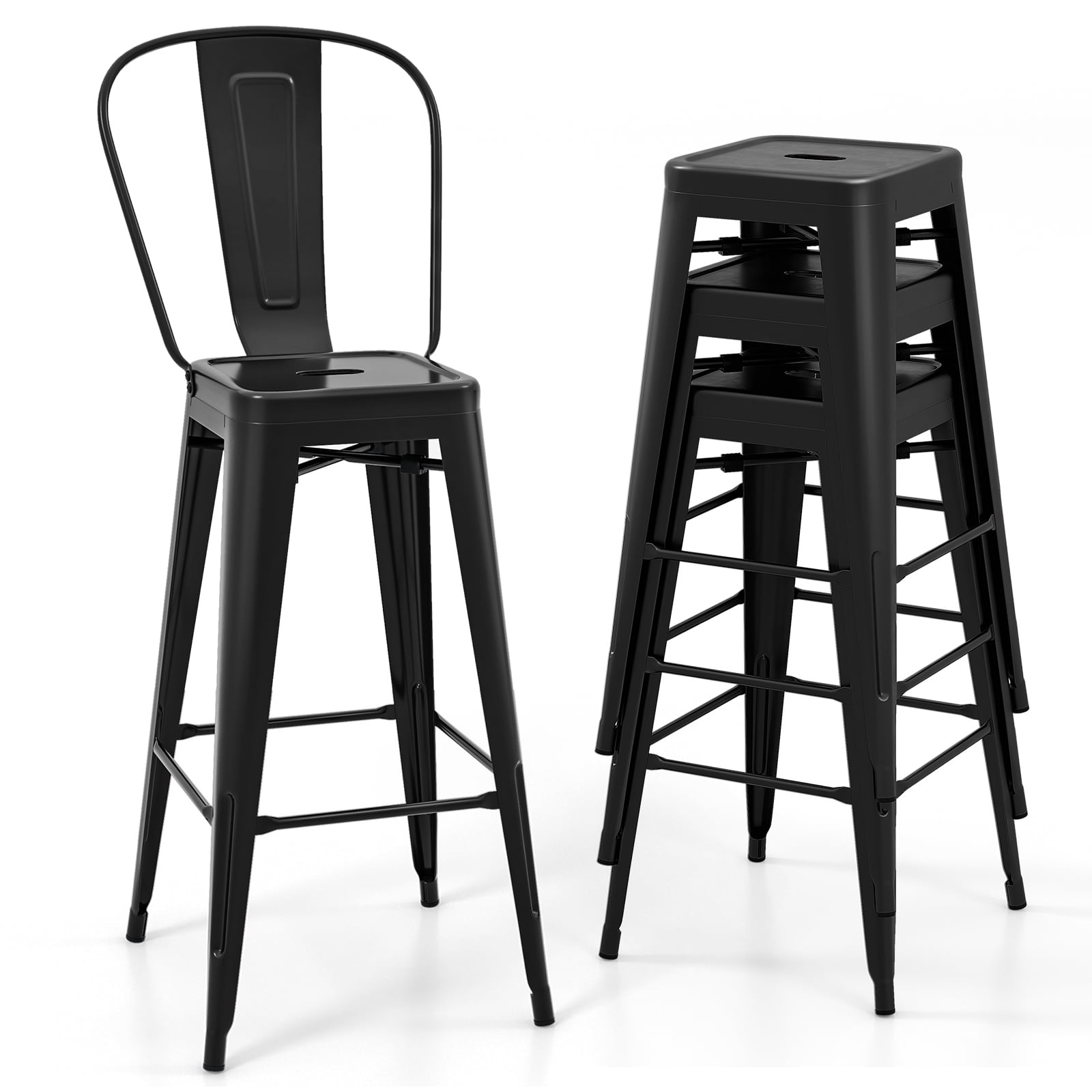 Patiojoy Metal Bar stools Set of 4 30�� High Back Bar Height Barstool w/ Removable Backrest Home Metal Frame Industrial Bar Chairs Set