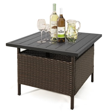 Patiojoy Outdoor Wicker Table Rattan Coffee Table w/ Umbrella Insert Hole PE Tabletop & Sturdy Metal Frame