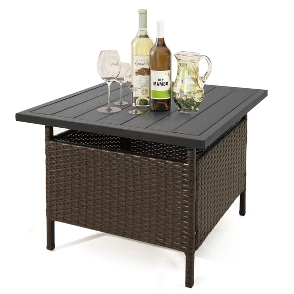 Patiojoy Outdoor Wicker Table Rattan Coffee Table w/ Umbrella Insert Hole PE Tabletop & Sturdy Metal Frame