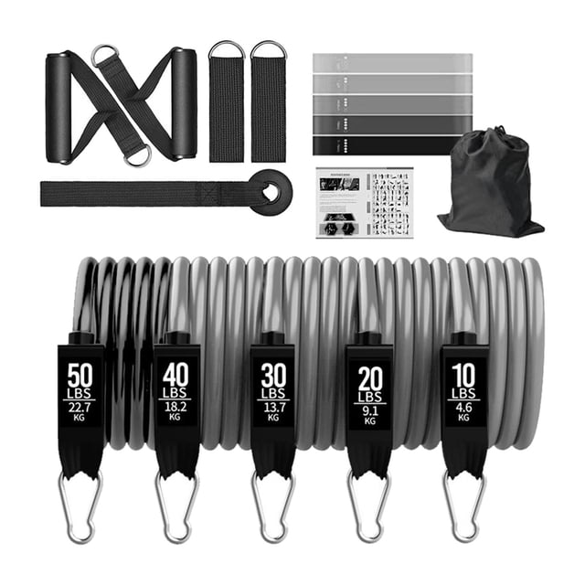 Ensemble de Bandes de Résistance Ensemble de Bandes Tubulaires de Résistance pour l'Entraînement de Résistance Femmes 150 Lb Ensemble de 18 Pcs. Comprend des Bandes de Résistance Flexibles en TPE avec des Niveaux de Résistance Variables (10 Lb à 50 Lb), des Poignées, des Sangles de Cheville, une Ancre de Porte et un Sac de Transport. Convient à l'Entraînement de Force, aux Étirements et aux Entraînements de Mise en Forme à la Maison, au gym Ou au Bureau.