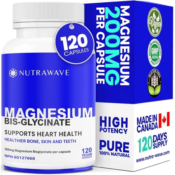 Nutrawave Bisglycinate de Magnésium 200 mg – Supplément de Magnésium à Haute Absorption pour le Sommeil, Calme et Soutien Musculaire, Santé des Os et du Cœur, 120 Capsules Véganes, non-OGM, Sans Gluten