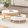 thumbnail image 3 of 31.5" Modern Round Lift-top Nesting Coffee Tables with 2 Drawers Multiple End Tables Utility Table Dining Table for Living Room, White+Natural, 3 of 9
