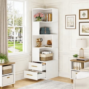 Fnova 70" Bibliothèque Conner avec 4-Tier Ouvrir les étagères de stockage 2 Tiroirs, Grande étagère de bibliothèque de bibliothèque pour salon, Bureau à la maison, Chambre à coucher