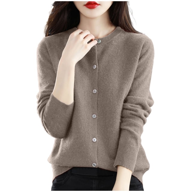 cfhntfmh Cardigan pour Femmes à Manches Longues, Hauts Doux, Col Ras du Cou, Uni, Manteau Chandail à Boutons, Automne 2024