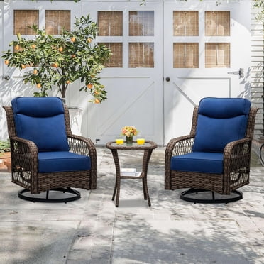 Innumia 3-Piece Wicker Patio Conversation Set, High Back Outdoor Swivel Rocker Chairs with 5 in. Thick Blue Cushions