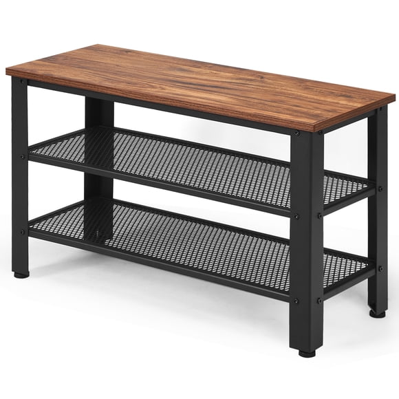Giantex Storage Bench Rack with 2 Mesh Shelves, Metal 3-Tier Storage Industrial Shoe Rack Organizer, Shoe Bench for Entryway Hallway Living Room (Rustic Brown)