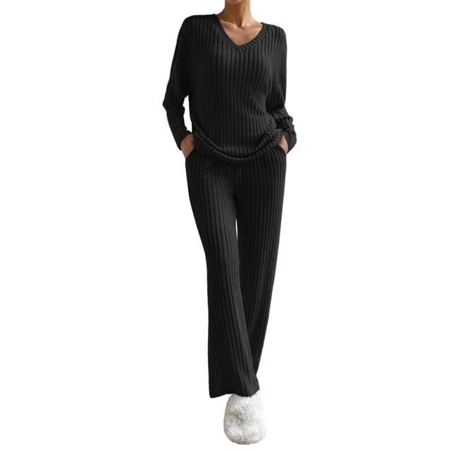 SUNSIOM Women’s Two Piece Outfits Set Long Sleeve V Neck Ribbed Knit Tops and Pants Set Loungewear
