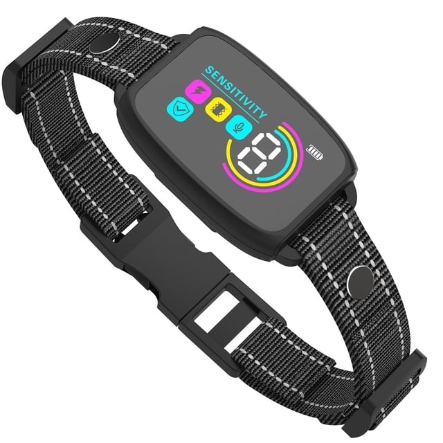 Anti-Barking Collar Dog Bark Control Device Dog Bark Stopper Beep shown in black with an adjustable nylon strap and a digital LCD screen. The screen displays sensitivity levels and icons for sound, vibration, and shock modes. Designed for advanced bark control with adjustable sensitivity, multiple training modes, and a waterproof IP67 rating. Suitable for dogs with neck sizes between 20-70cm. Includes a built-in 300mAh battery with up to 15 days of use and Type-C charging.