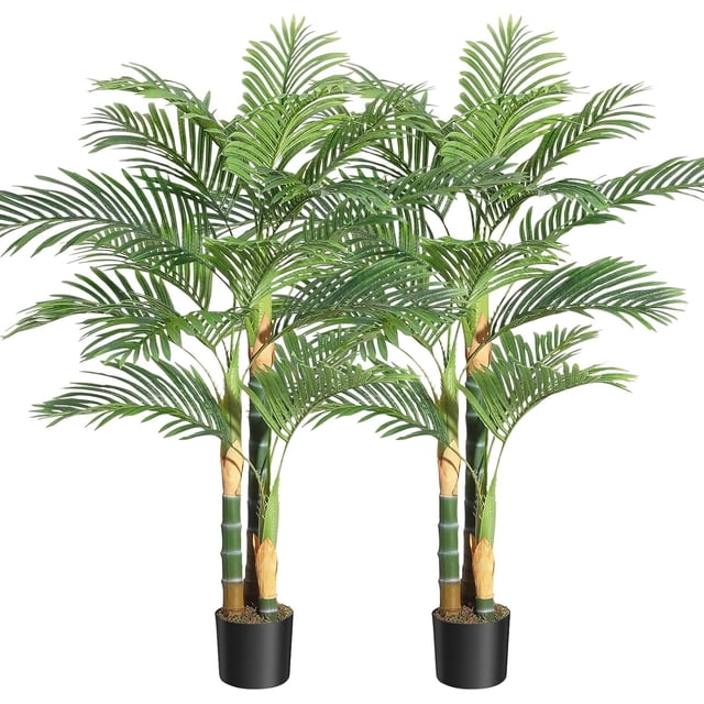 5FT Artificial Golden Cane Palm Tree, Pre Potted Tropical Palm for Home Office, 2 Pack. The image shows two lifelike artificial palm trees, each standing 5 feet tall with 15 large, arching fronds featuring realistic leaf textures. The trunks are designed to mimic natural bark, and the bases are covered with moss for added realism. Each tree is pre-potted in a black container, making them suitable for home, office, or holiday décor. The adjustable branches allow for customization of the tree's shape.