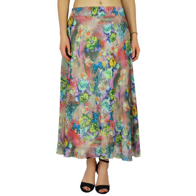 Bimba Flaired Cotton Boho Summer Skirt Elastic Waist Mid-Calf Ruffle Skirts