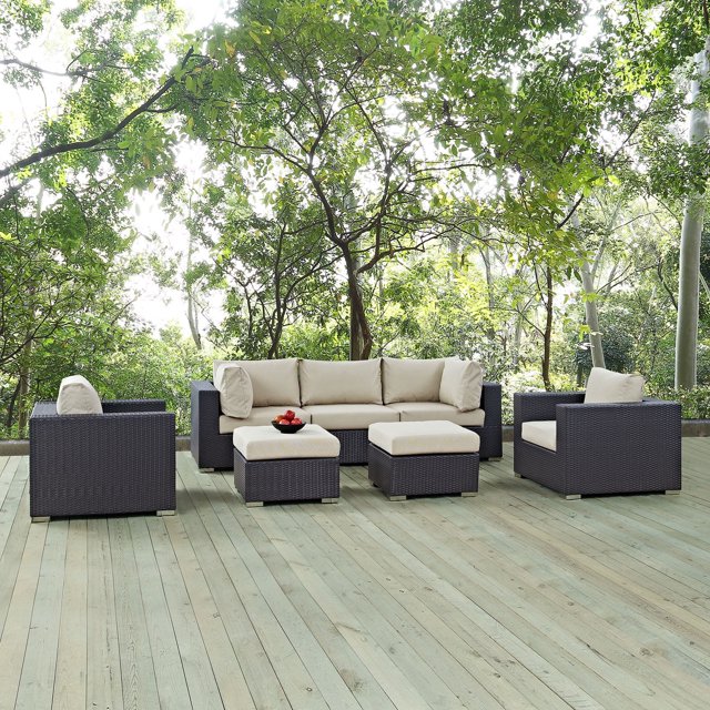 Modway Collection Convene 7-Piece Outdoor Patio Furniture Sectional, Beige