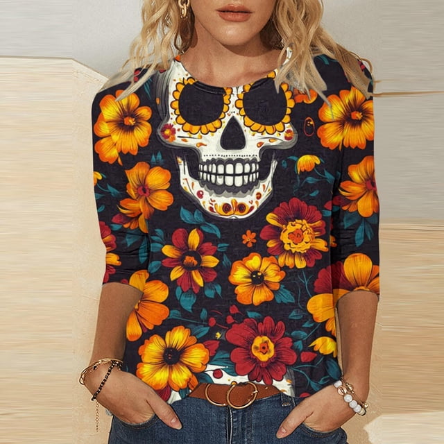 NJDVHB Blouses et Chemises à Manches Longues et Col Rond pour Femmes, T-shirt à Manches Trois-Quarts et Col Rond Imprimé pour la Journée des Morts, Haut Ample à Manches Longues et Col Rond