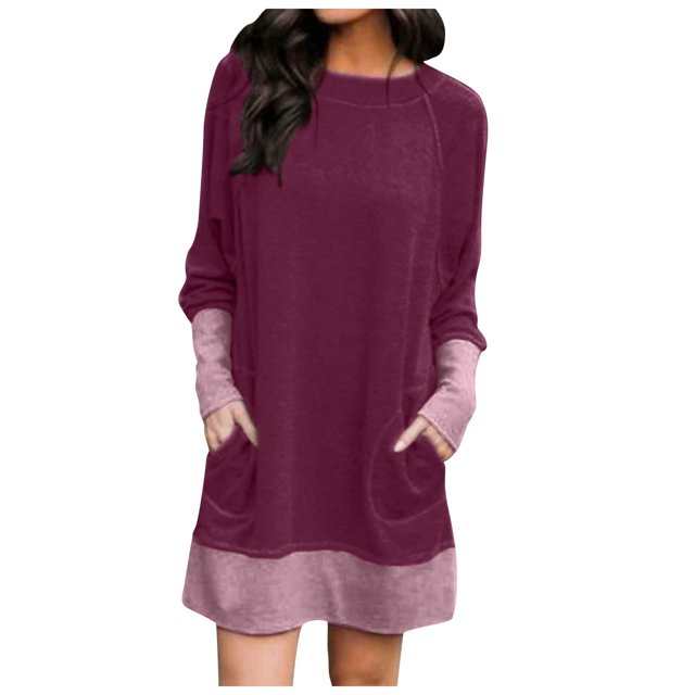 CEHVOM Robe Mini Décontractée pour Femmes Col Rond Ample Couleur Unie Patchwork Manches Longues Poches