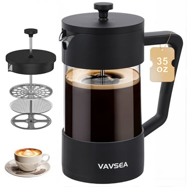 VAVSEA French Press Coffee Maker, 35oz Thickened High-Heat Borosilicate French Glass Coffee Press with Fine Filtration System, Dishwasher Safe, Gifts for Father's Day, Black