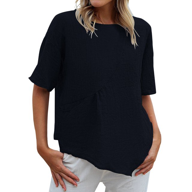 B91xZ Tunique pour Femmes Tops Slim-Fit Manches Courtes Solide Bateau Cou T-Shirt, Marine L