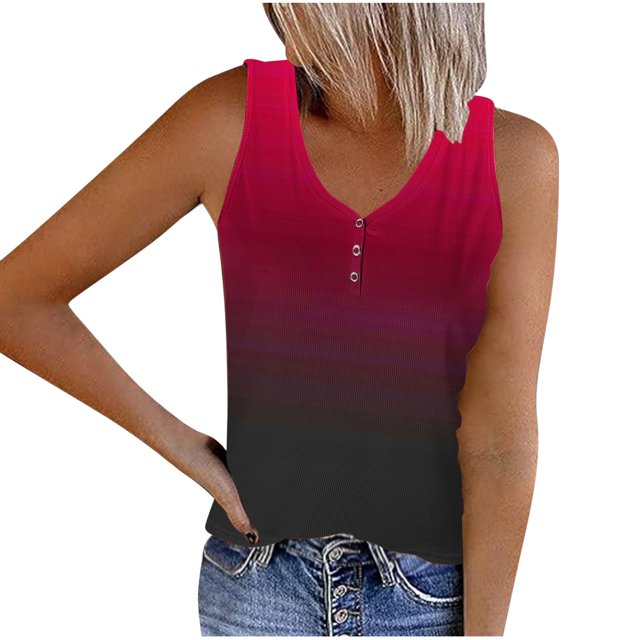 Tank Top for Women Womens Striped Round Neck Button Elastic Tank Top