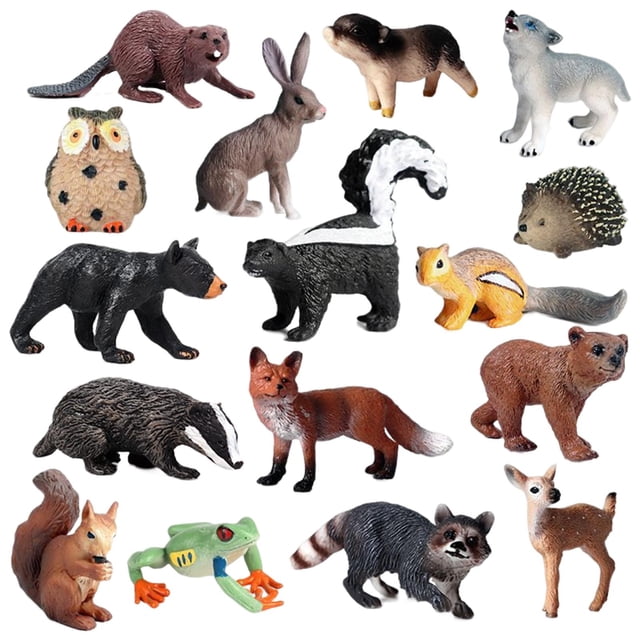 figurines d'Animaux de la Forêt Jouets Éducatifs Ensemble de Modèles d'Animaux avec 16 figurines Miniatures Peintes à la Main, Incluant Hibou, Écureuil, Tamia, Lapin, Moufette, Raton Laveur, Ours Noir, Ours Brun, Renard Rouge, Grenouille aux Yeux Rouges, piglet, Loup, Cerf à Queue Blanche et Hérisson. Ces Créatures de la Forêt Présentent des textures Réalistes et des designs Multicolores Vibrants, Parfaites pour l'Éducation Précoce, les Collectionneurs et les Décorations à Thème.