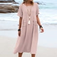 thumbnail image 4 of yoeyez Robes en Coton et Lin pour Femmes pour l'Été, Robes Unies à Col Rond pour Dames, Coupe Ample, Manches Courtes, Robe Midi de Plage Décontractée Évasée Rose, m, 4 of 7
