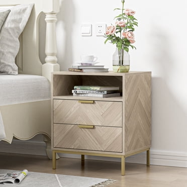 Eumyviv Wood Nightstand, Herringbone Pattern End Table with 2 Drawer and One Open Shelf, Wooden Storage Cabinet for Living Room Bedroom, Oak H0103