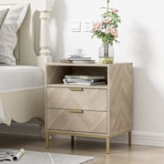Eumyviv Wood Nightstand, Herringbone Pattern End Table with 2 Drawer and One Open Shelf, Wooden Storage Cabinet for Living Room Bedroom, Oak H0103