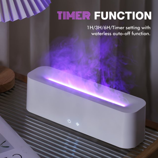 Aromatherapy 400ml essential oil diffuser and humidifier with full-color lighting, timer, auto shut-off, and USB-powered operation. Features a sleek white rectangular design with touch controls, emits purple mist, and includes negative ion generation. Ideal for bedroom, office, or living room decor.
