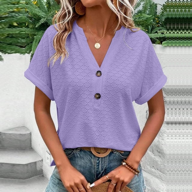 Hauts Aguichant Mode Femme Décontracté Uni Bouton Col en V T-shirt Hauts Blouse Femmes Blouses Été en Liquidation