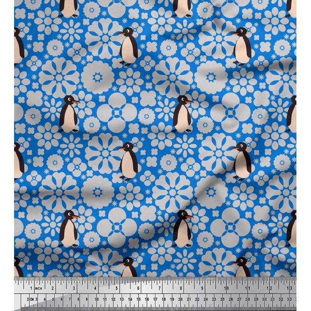 Soimoi Poly Georgette Fabric Floral & Penguin Ocean Decor Fabric Printed Yard 42 Inch Wide