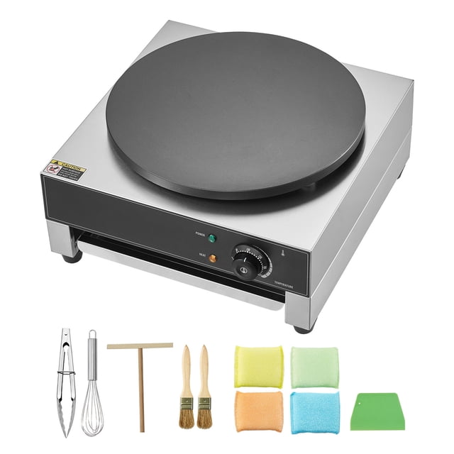 KFFKFF Electric Crepe Machine with a 16-inch nonstick flat griddle and stainless steel body, designed for commercial use. Features a temperature adjustment knob, 1700W power, and includes accessories such as a wooden spreader, whisk, food clip, brushes, cleaning sponges, and a plastic scraper. Ideal for making pancakes, waffles, and other breakfast items.