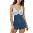 thumbnail image 1 of Xfvqtps Women One Piece Swimsuit Swim Dress Tummy Control Stripe Ruched Bathing Suits V Neck Ruffle Skirt Swimwear Blue, 1 of 7