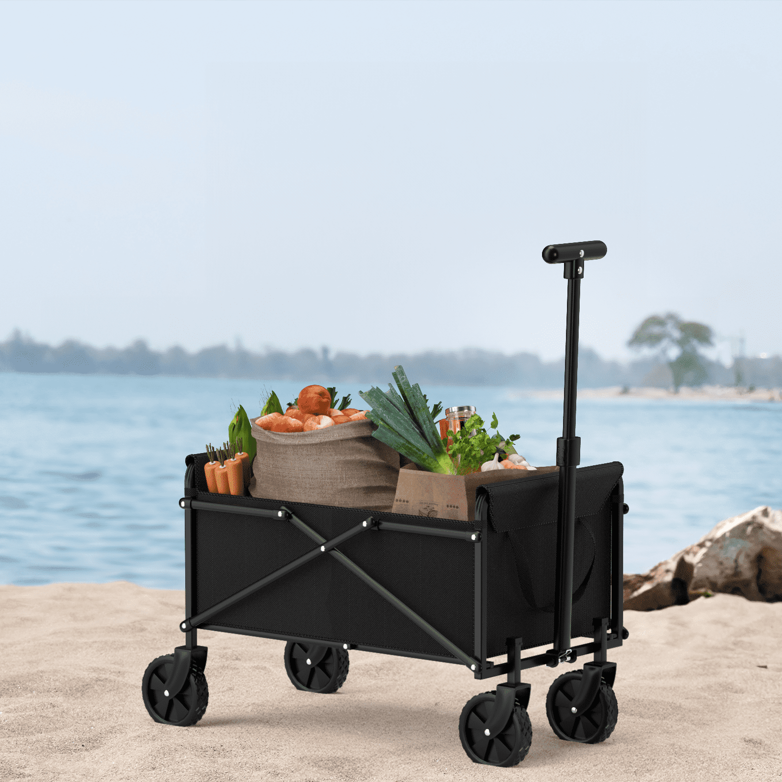 foldable wagon cart with wheels for grocery sports garden shopping camping?black