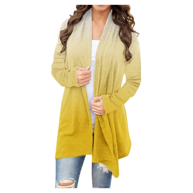 Yuyuzo Long Cardigan for Women Gradient Color Open Front Draped Tops Fall Winter Casual Cardigan