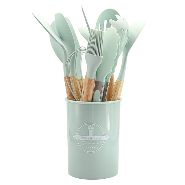 Cooking Non-stick Pan Storage Bucket Wooden Handle Silicone Kitchenware 12-piece Silicone Kitchenware Set. The set includes 12 mint green silicone utensils with wooden handles, such as a deep soup spoon, slotted spoon, and pasta scraper, all stored in a matching mint green storage bucket. Designed to withstand temperatures up to 450°F, these BPA-free utensils are safe for non-stick pans and easy to clean. The wooden handles provide a comfortable grip and prevent heat transfer.