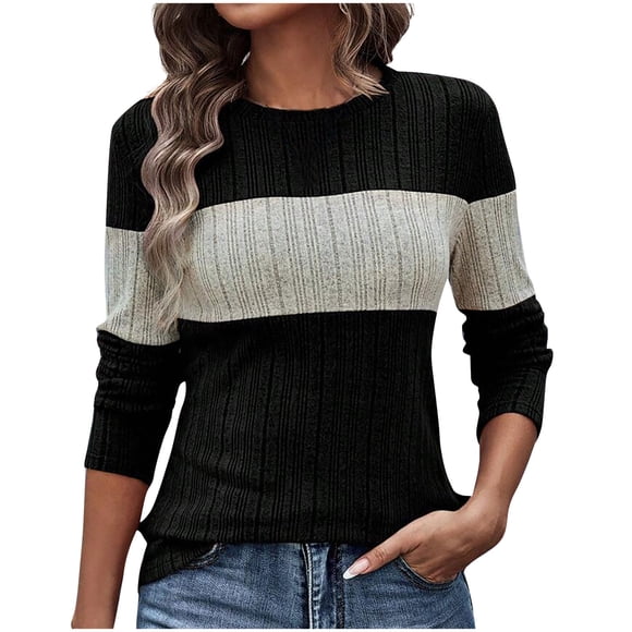 Timegard Going out Tops for Women Crewneck Long Sleeve Block Color Slim Tshirts Fall Casual Comfy Tops