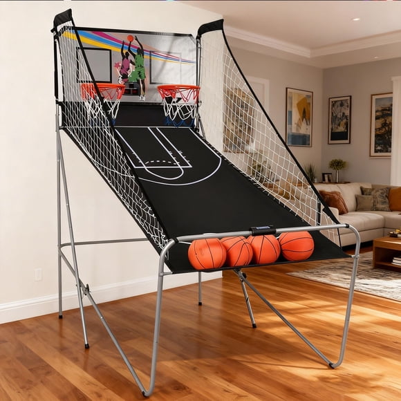 2 Player Dual Basketball Arcade Game, 8 Game Modes, LED Scoring, Foldable Electronic Double Shootout, Includes 4 Balls, Air Pump & Needle, Indoor Game for Youth & Adults
